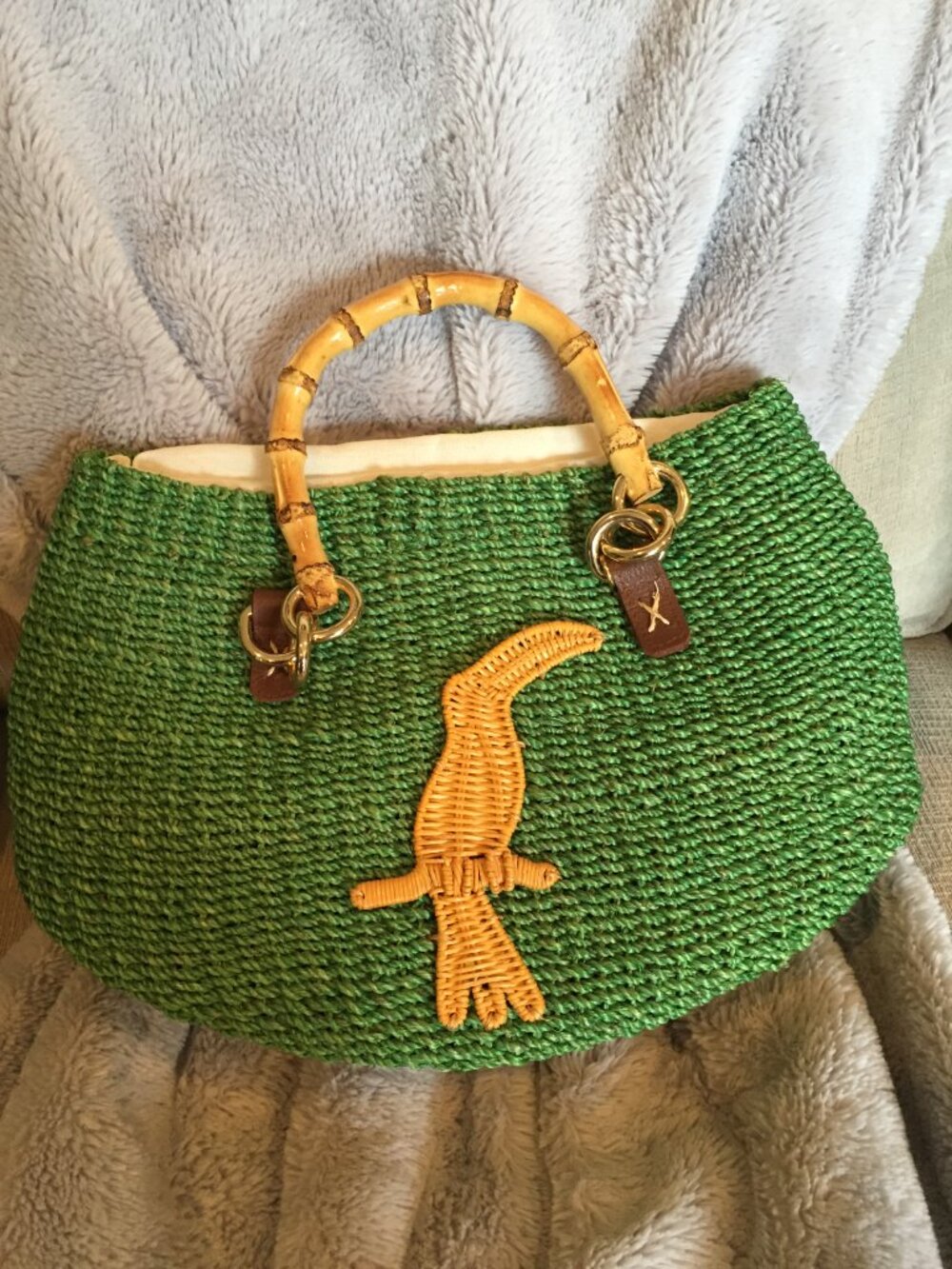 Woven Green Straw Tote with Bamboo Handle - Picture 2 of 5